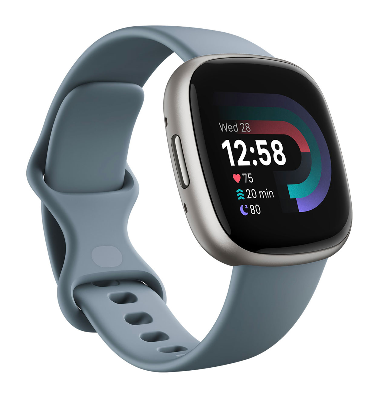 Versa 4 Platinum Aluminum Waterfall Blue Strap Fitness Smartwatch, 24mm