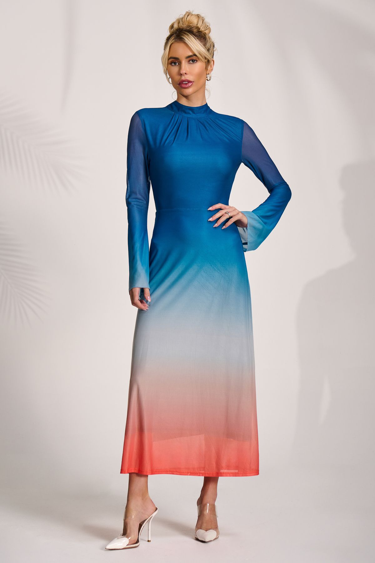 Jolie Moi Women's Long Sleeve High Neck Mesh Dress in Blue