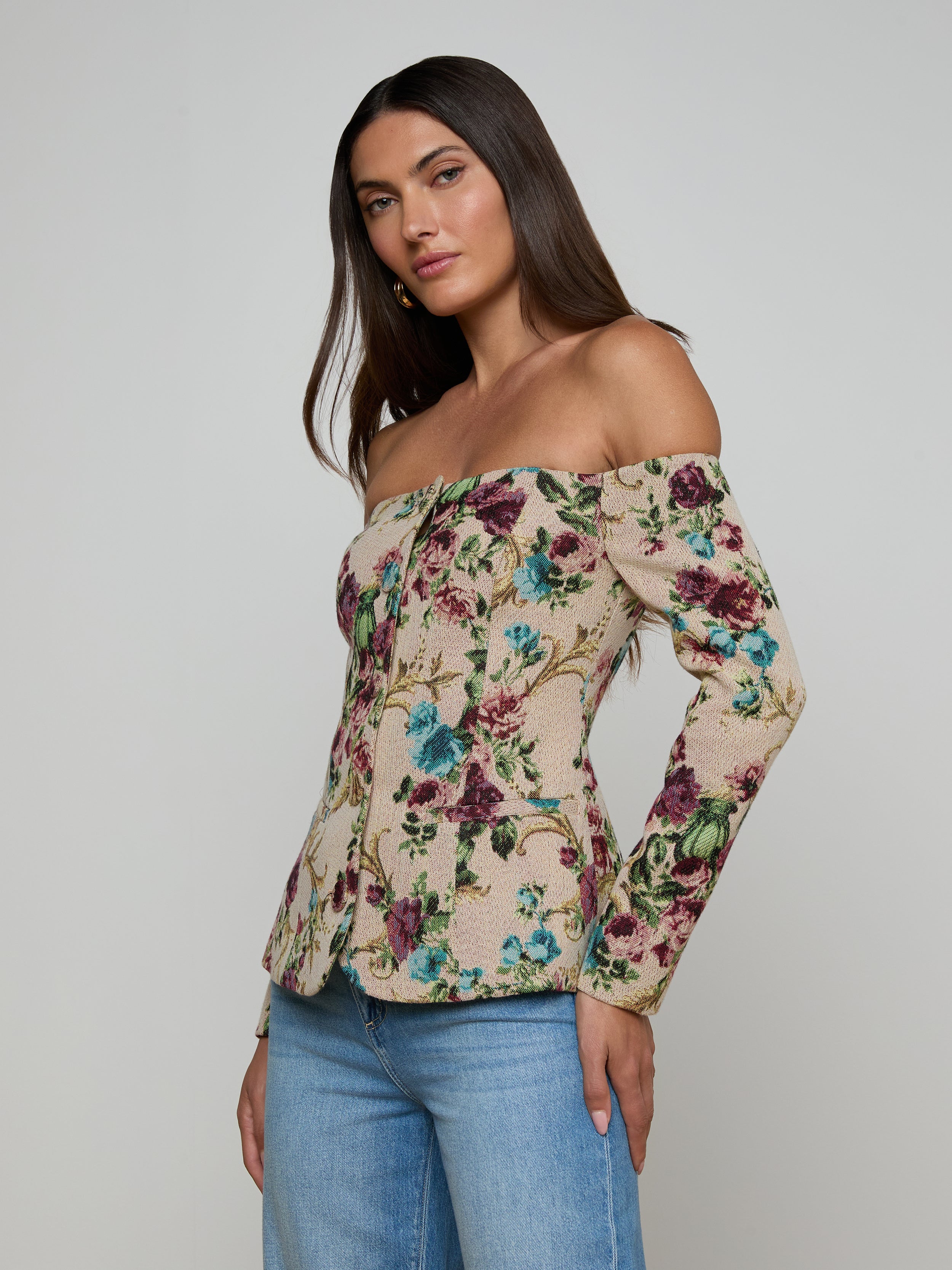 Alice Blazer Top In Multi Floral Tapestry