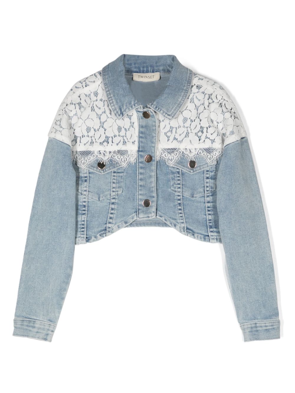Lace-detailed cropped denim jacket - Blue