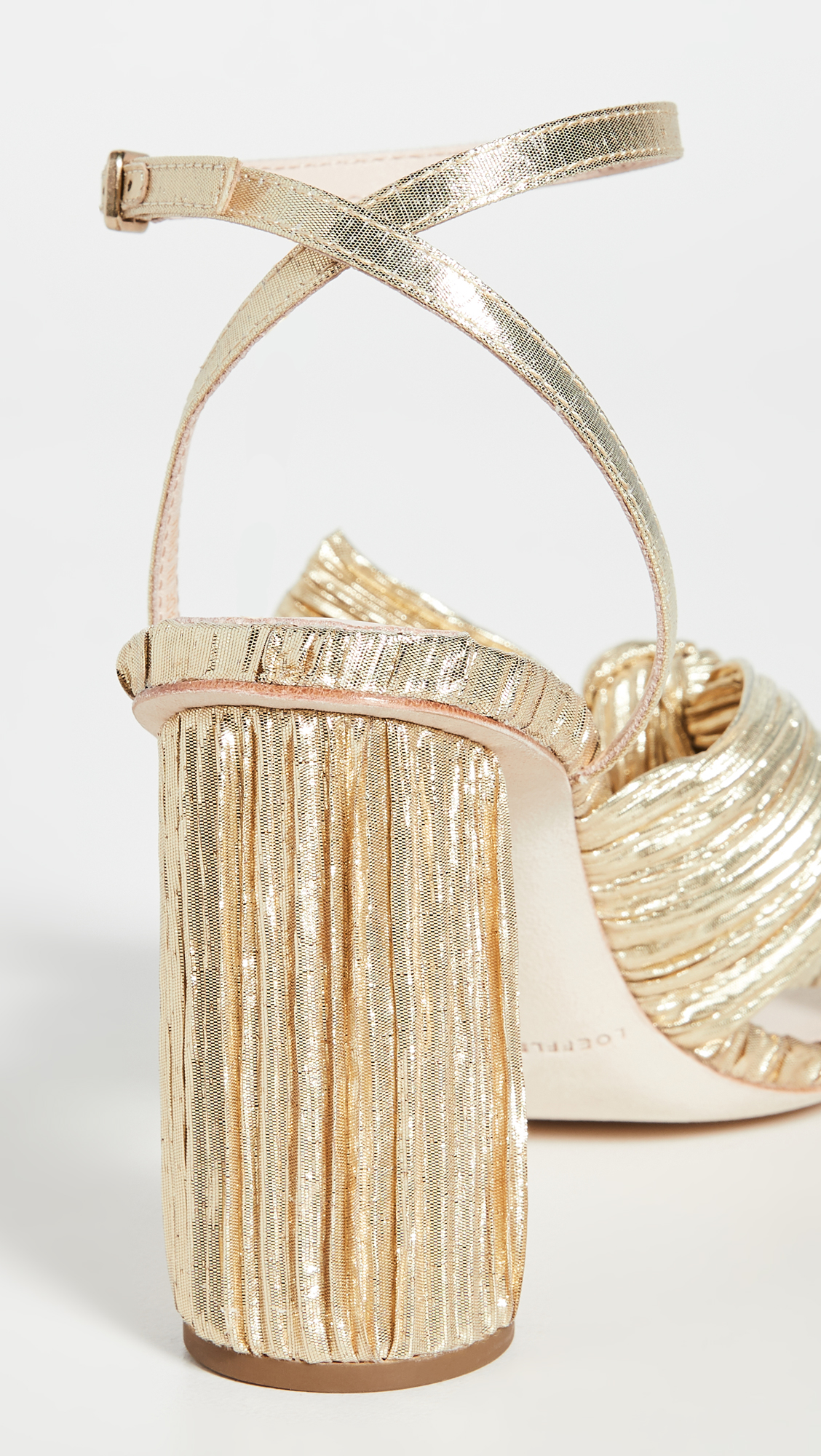 Camellia Gold Pleated Bow Heel with Ankle Strap
