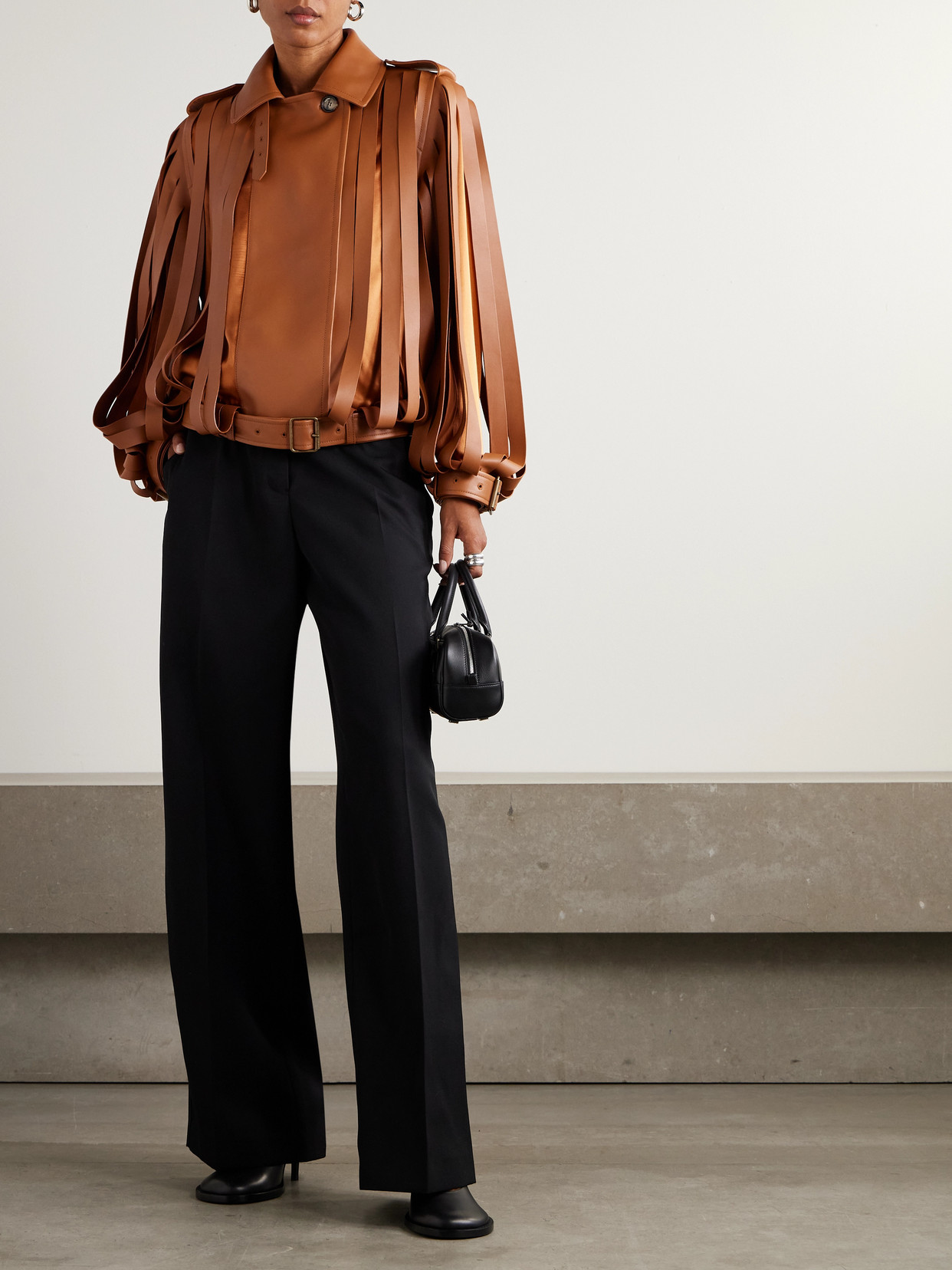 Layered Cutout Leather And Silk-satin Jacket - Brown