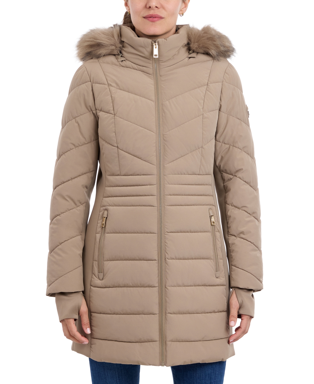 Michael Women's Faux-Fur-Trim Hooded Puffer Coat, Created for Macy's - Taupe
