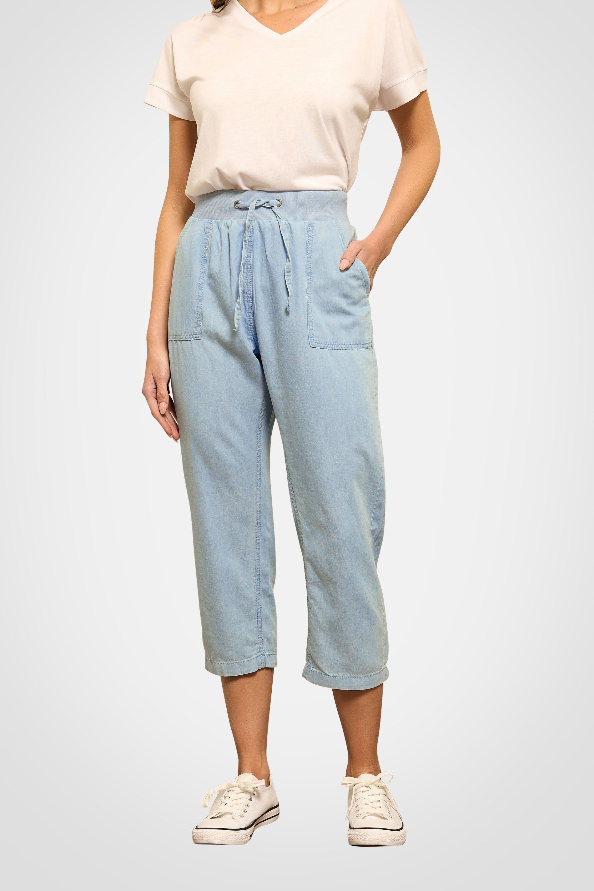 M&Co Women's Light Wash Drawstring Cropped Trousers in Light Blue