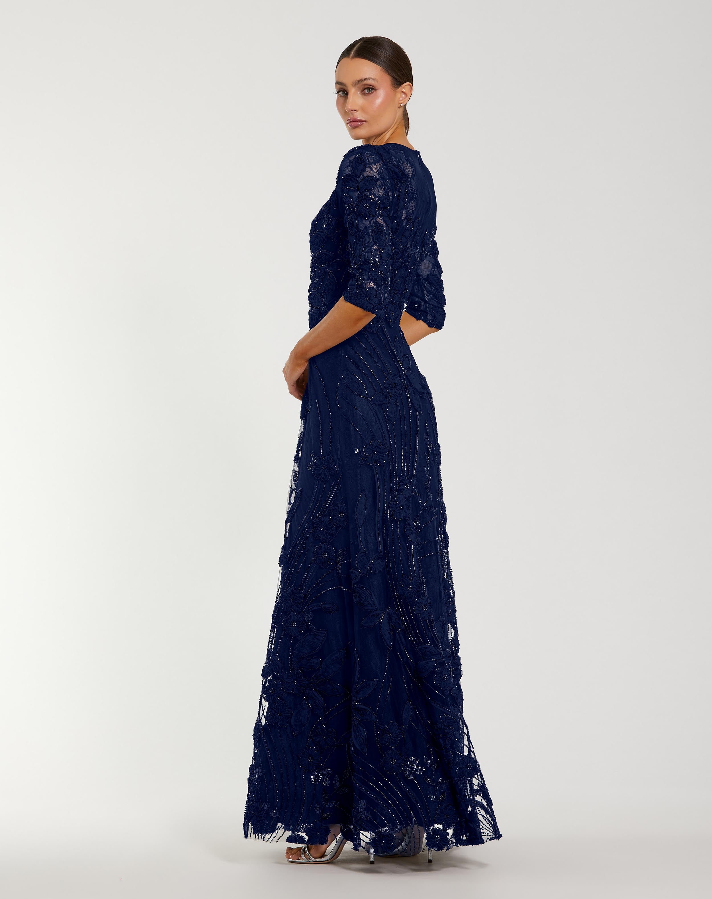 Navy High Neck Embellished Lace Wedding Guest Maxi Gown with 3/4 Sleeves