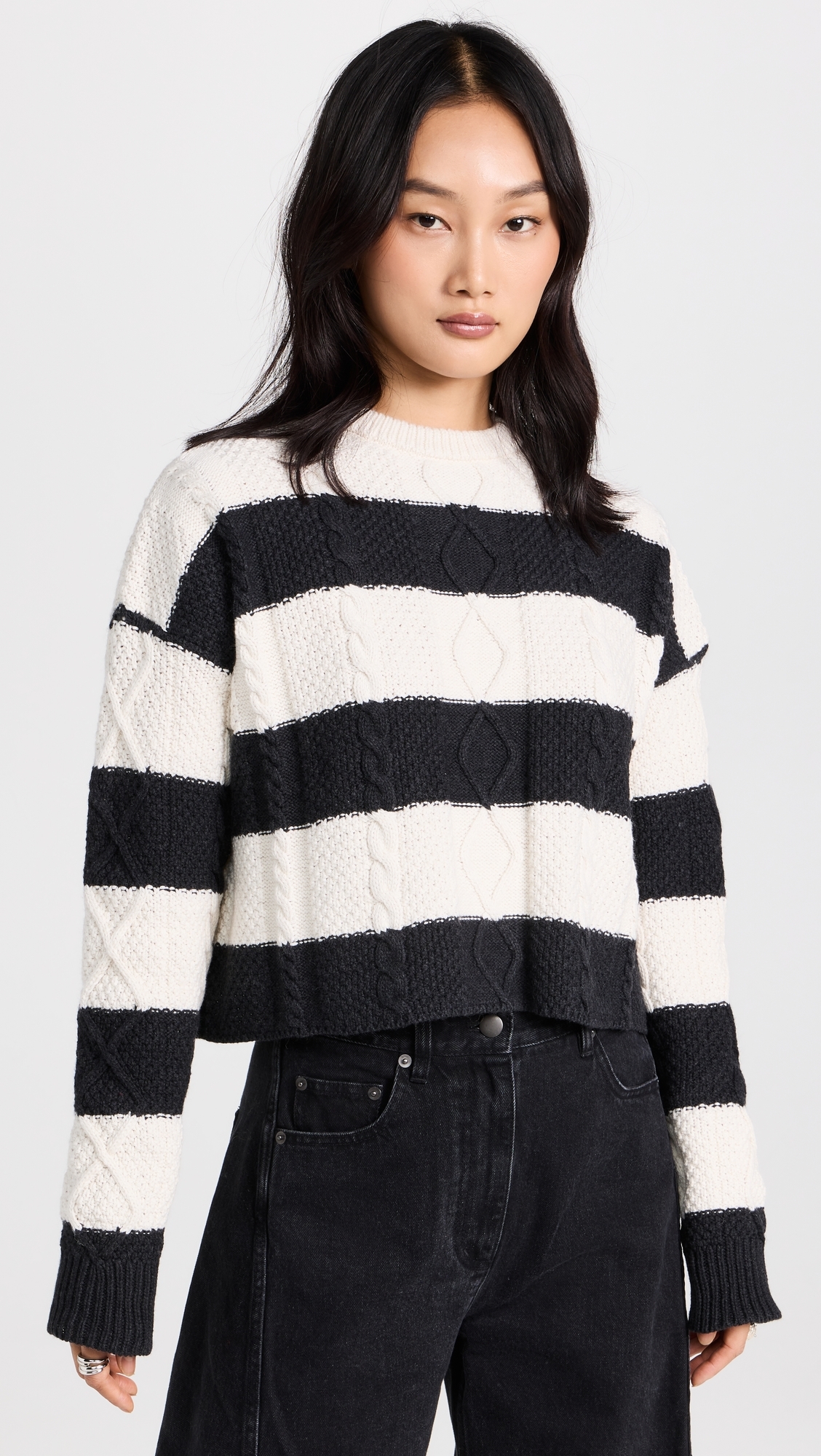 Cable Cropped Crew Sweater Stripe