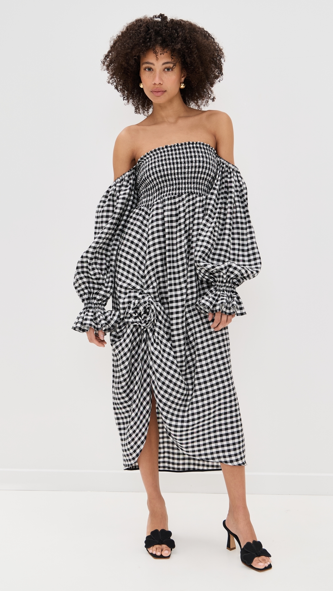 Sleeper Atlanta Linen Dress with Rose Detail Black Vichy