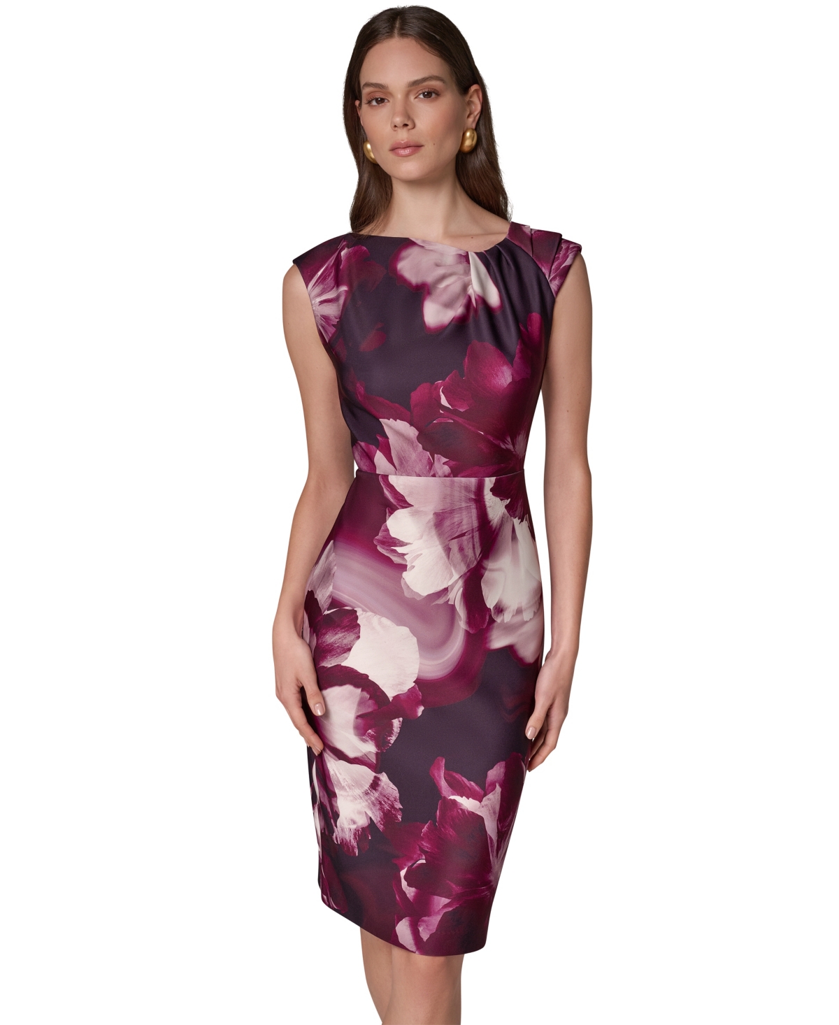 Women's Floral-Print Asymmetric-Neck Sheath Dress - Black Cherry Multi