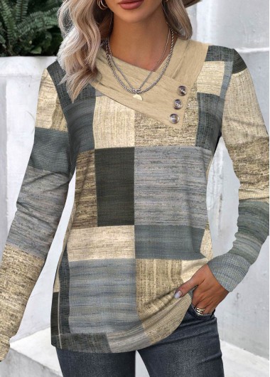 Modlily Multi Color Button Geometric Print T Shirt