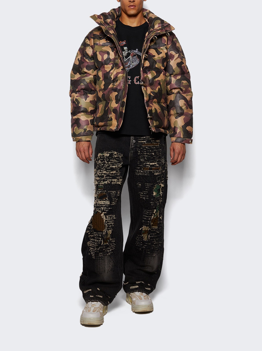 Camo Leather Puffer Jacket Beige