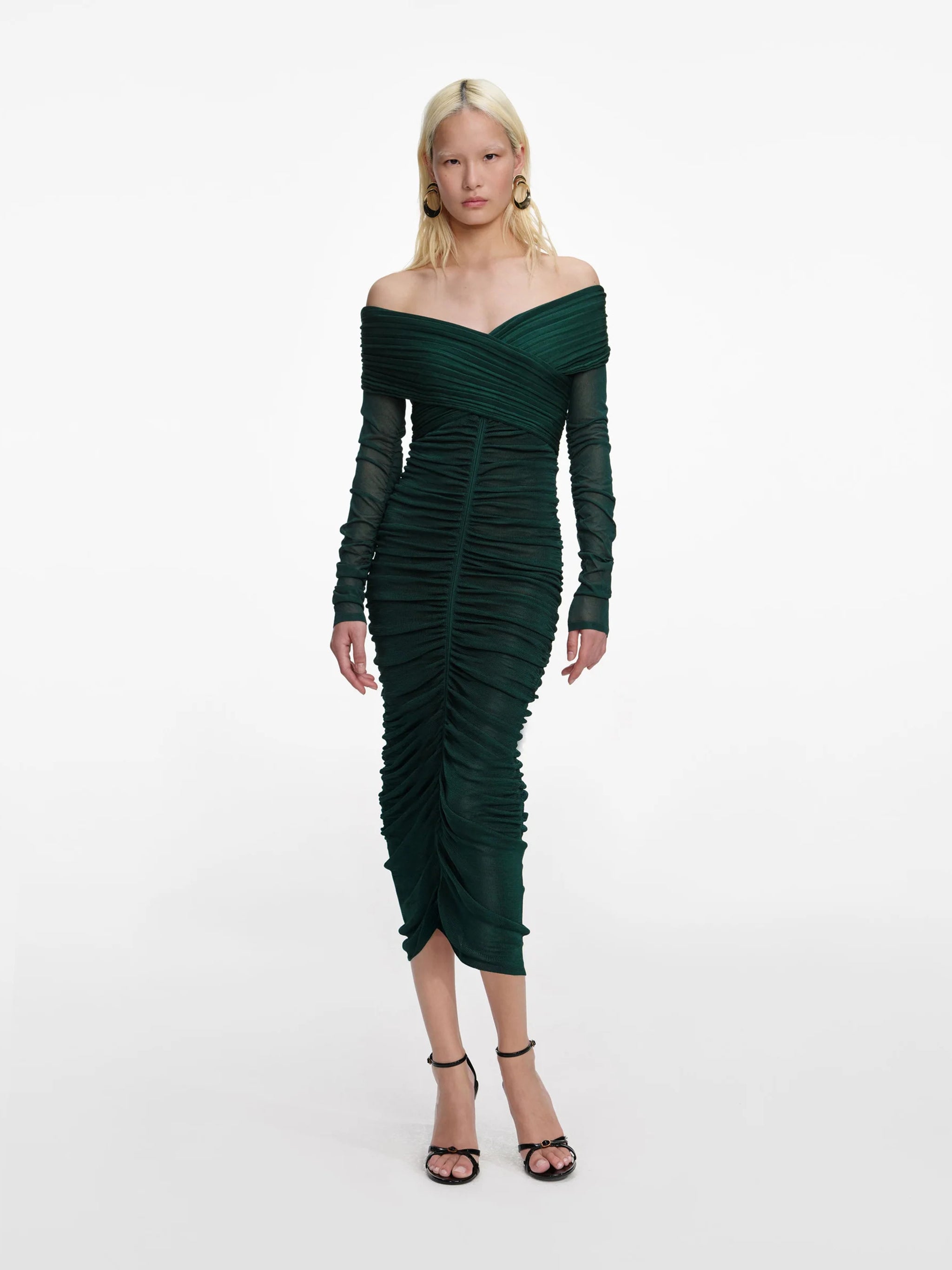 Viscose Midi Dress with Off-the-Shoulder Bardot Neckline and Gathered Detail