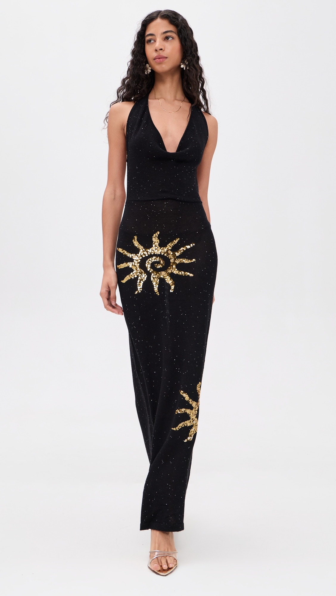 Yasmina Plunge Cowl Knit Maxi Dress Black