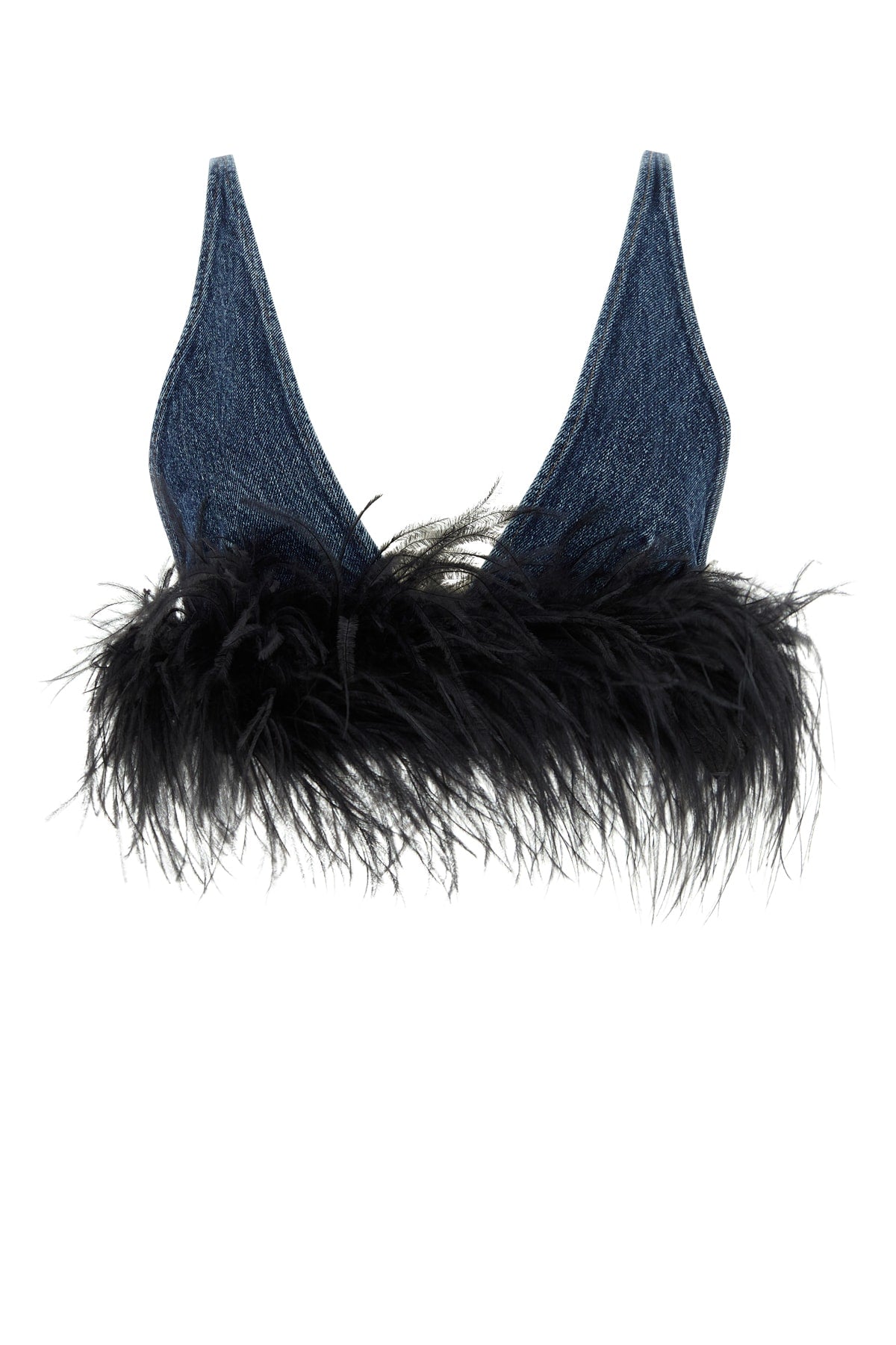 Feather-Trimmed Knit Sweater — Blue