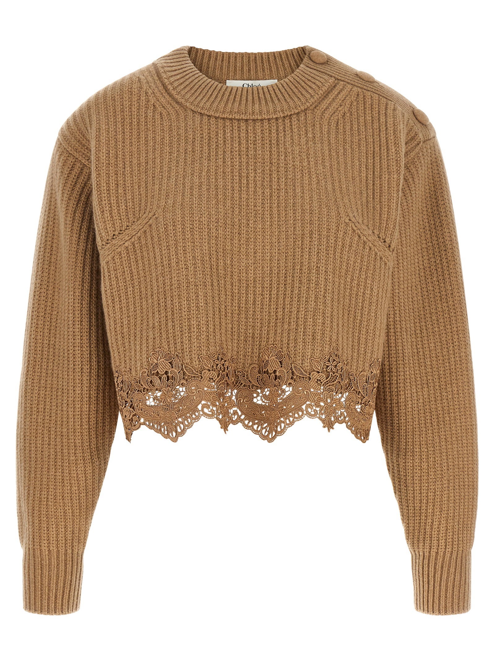 Lace-Trimmed Ribbed Knit Sweater — Camel