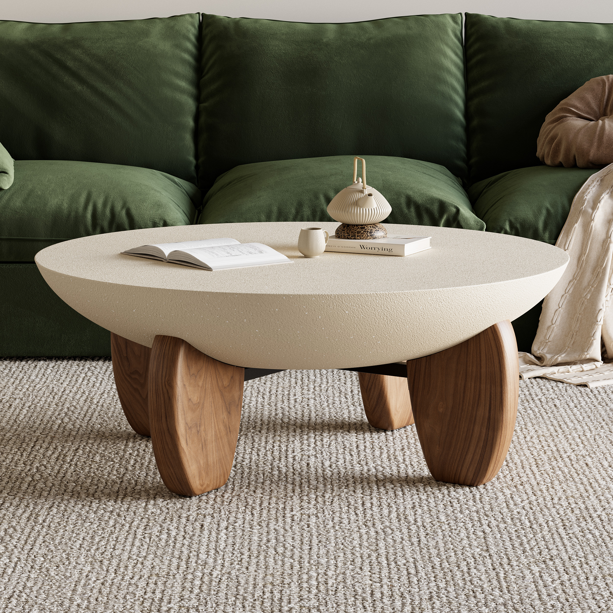 Curva Round Concrete Walnut Coffee Table with Wood Leg