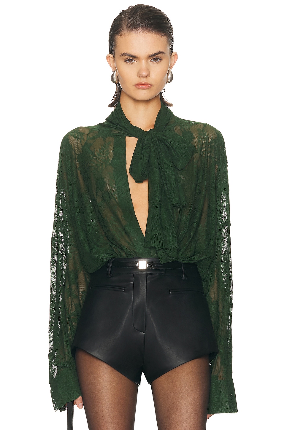 Norma Kamali Super Oversized Boyfriend Bow Bodysuit in Dark Emerald - Green. L also in