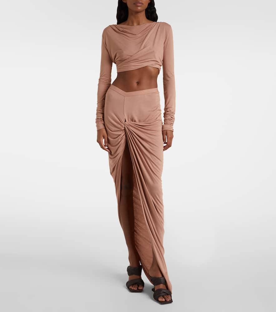 Asymmetric gathered jersey maxi skirt