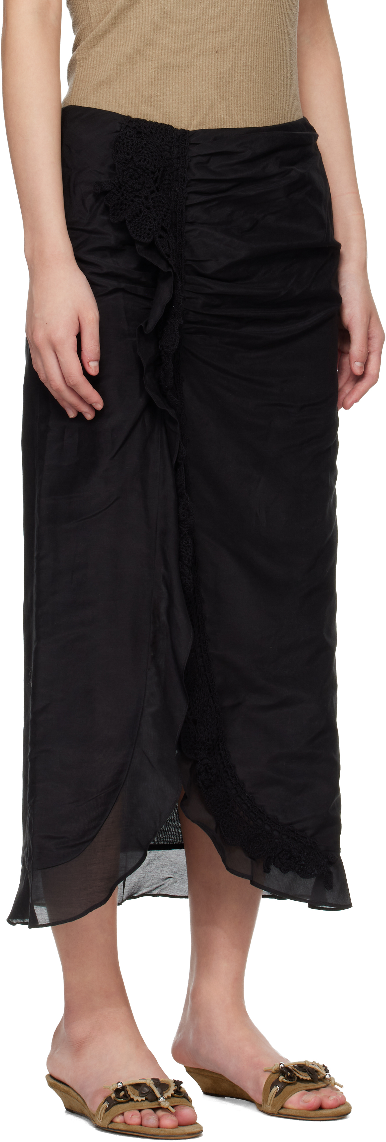 Black Velina Crochet Cotton Silk Midi Skirt