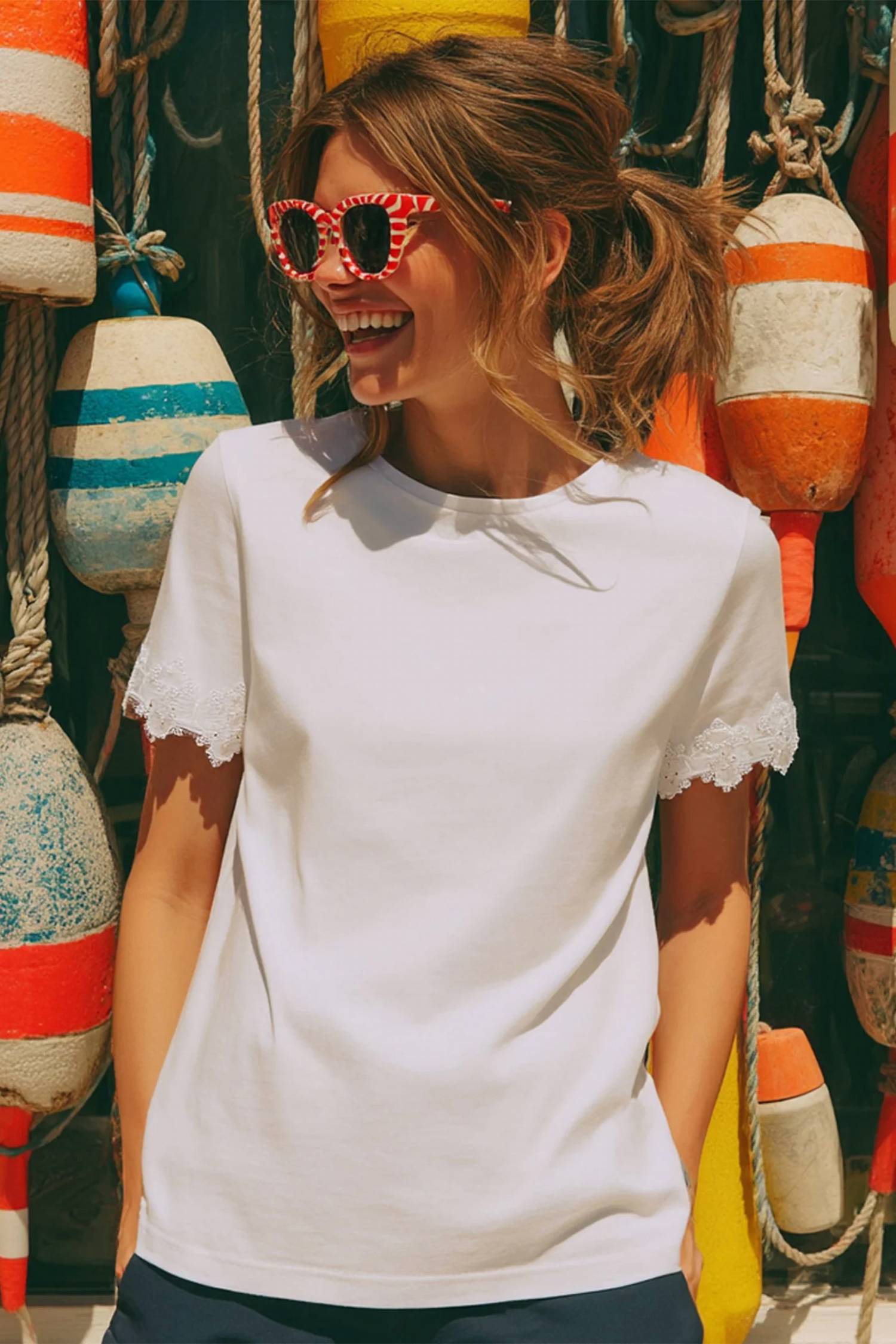 Lace Sleeve T-Shirt In White