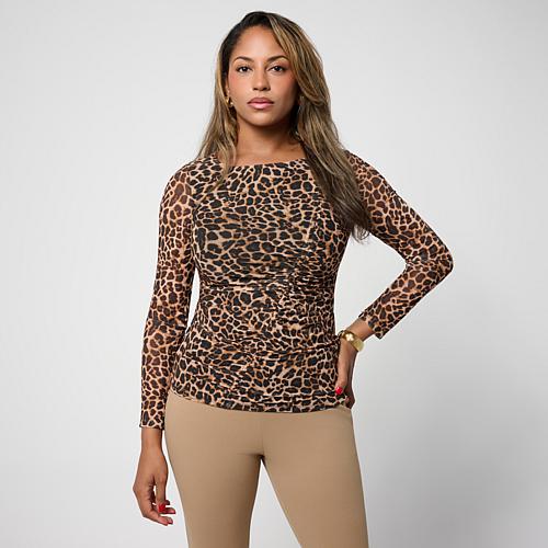 Powermesh Angled Rouched Long Sleeve Top - Tan