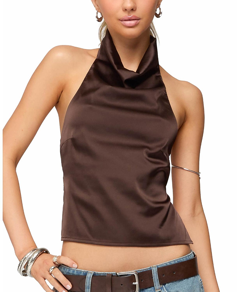 Satin Effect Backless Cowl Neck Top