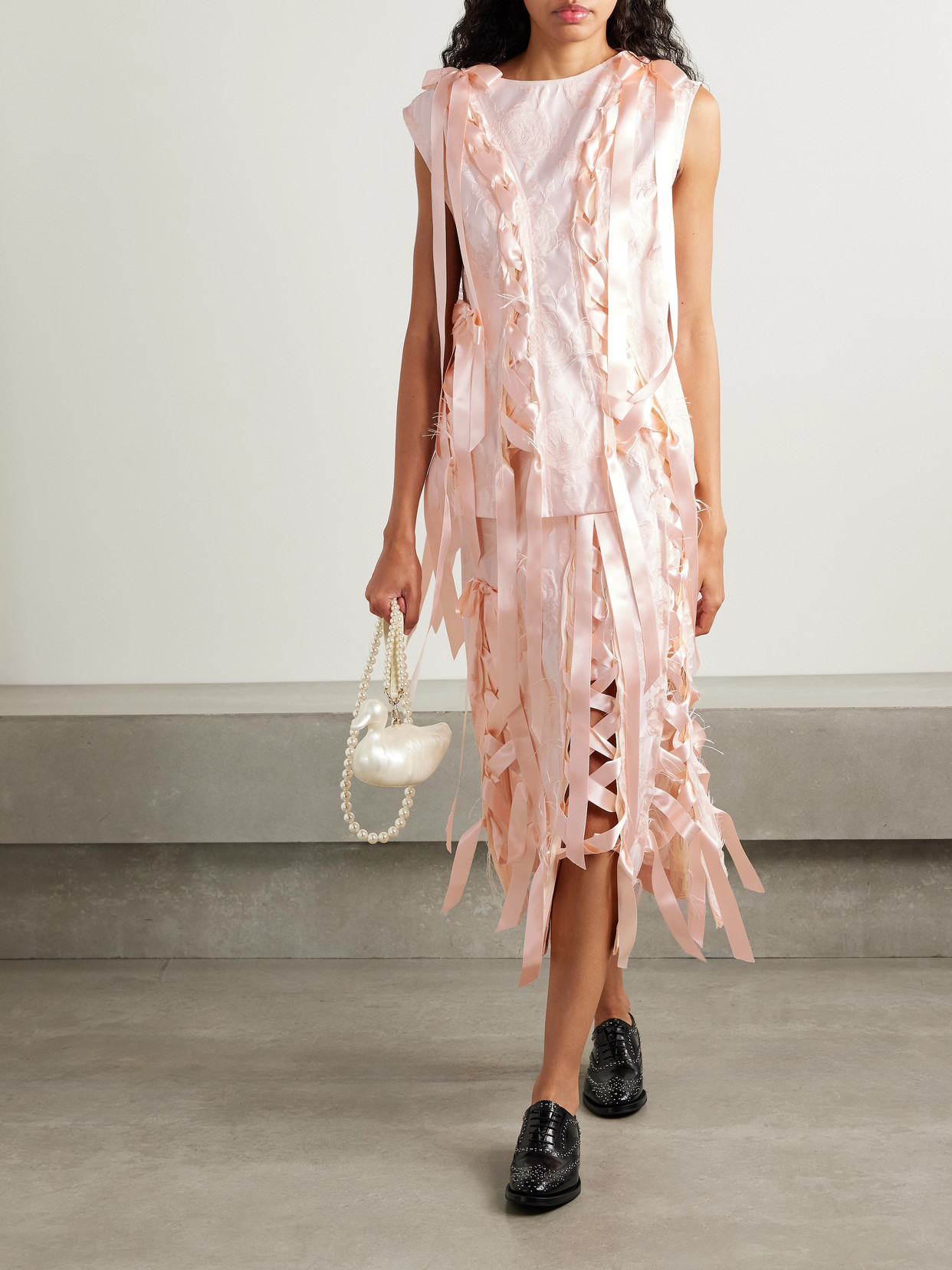 Unraveling Ribbon Lace-up Frayed Brocade Midi Skirt - Pink