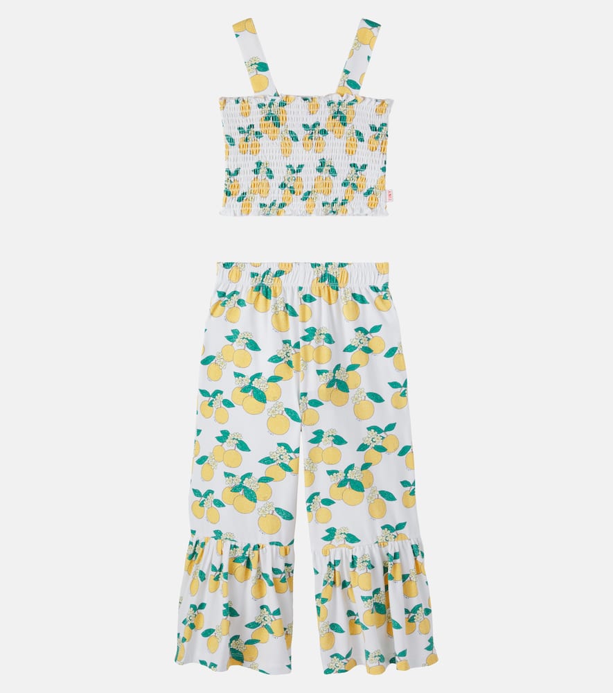 Printed shirred cotton-blend top and pants set