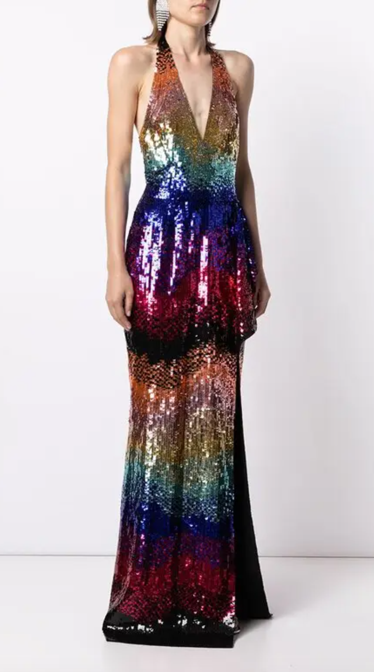 Gradient-Sequin Halterneck Gown
