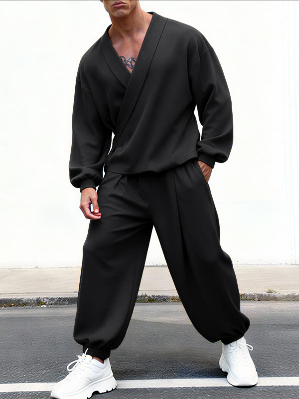 Men's Solid Color Casual Two Pieces Outfit SKUL45418 - Black / S