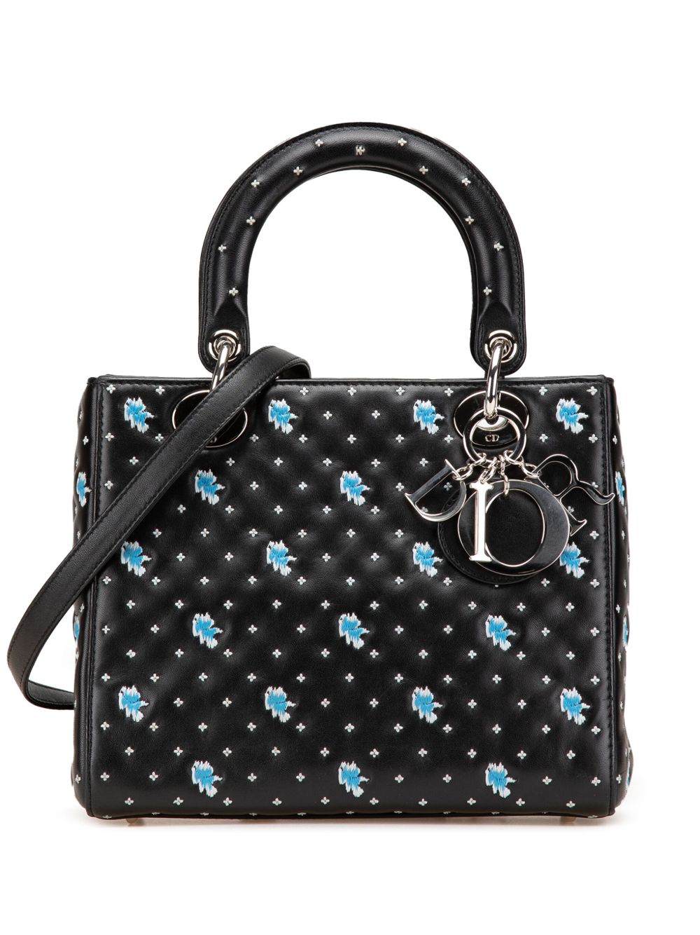 2015 Medium Calfskin Embroidered Flower Lady Dior satchel - Black