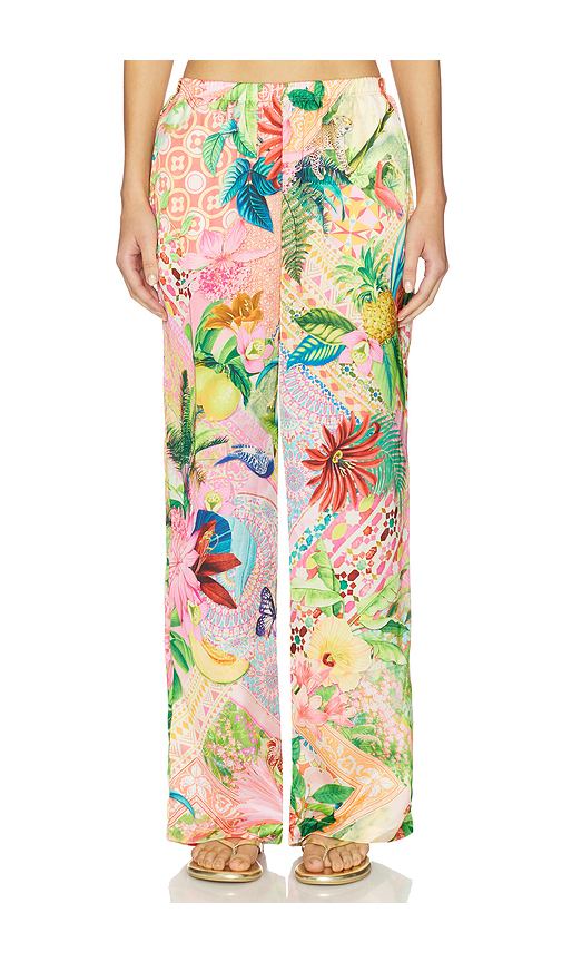 Luli Fama Elastic Waistband Pant in Pink,Green. L. Also in M