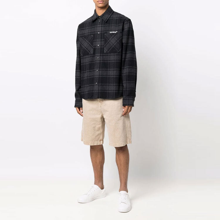 Men's Logo Plaid Flannel Long Sleeves Loose Fit Gray Shirt