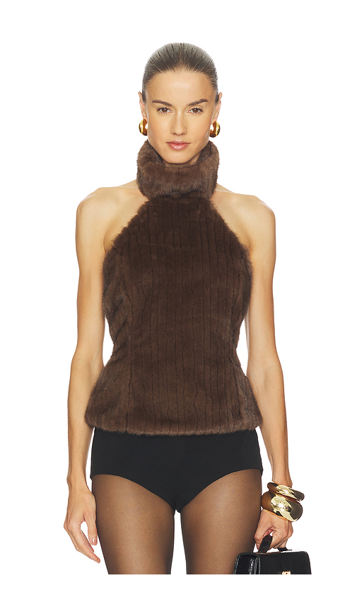 LPA Maria Faux Fur Turtleneck Top in Chocolate. XS. Also in L, M, S