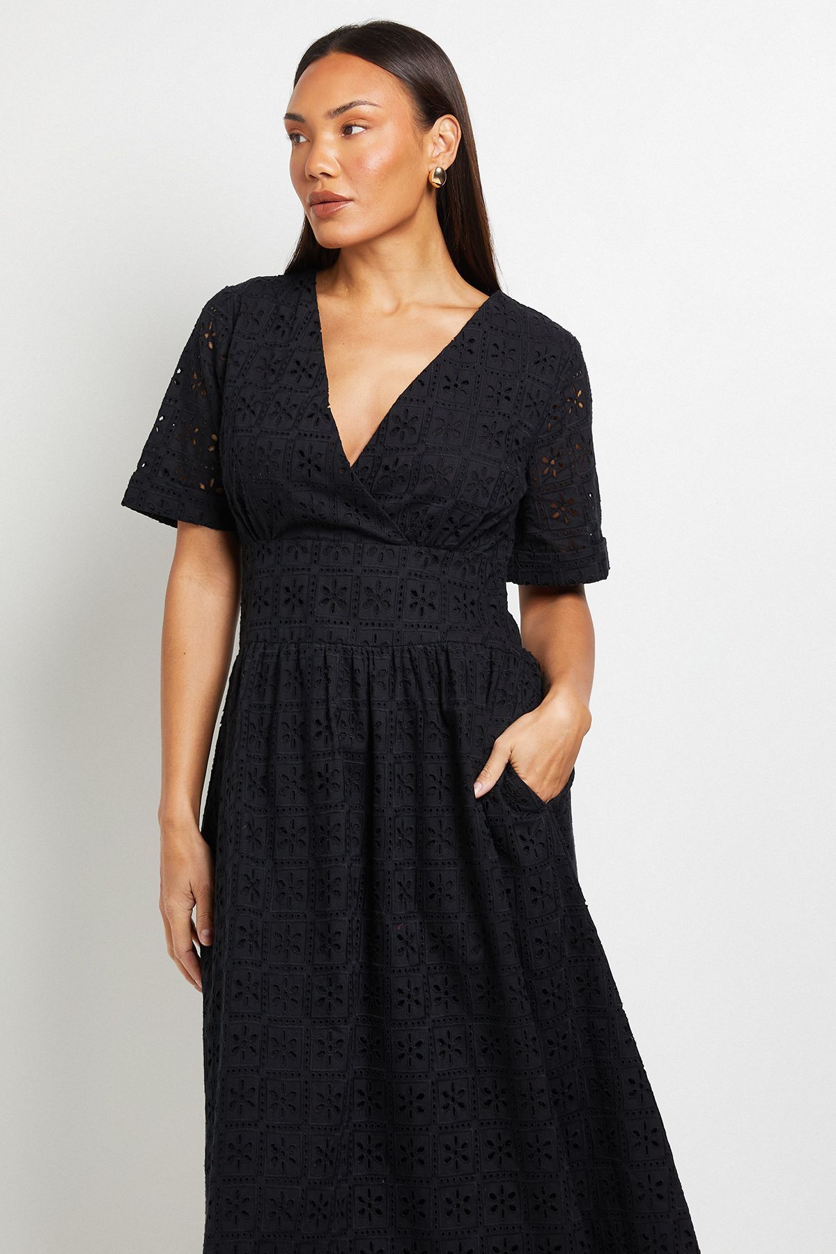 Principles Womens Mono Dropped Waist Broderie Midi Dress - Black Cotton