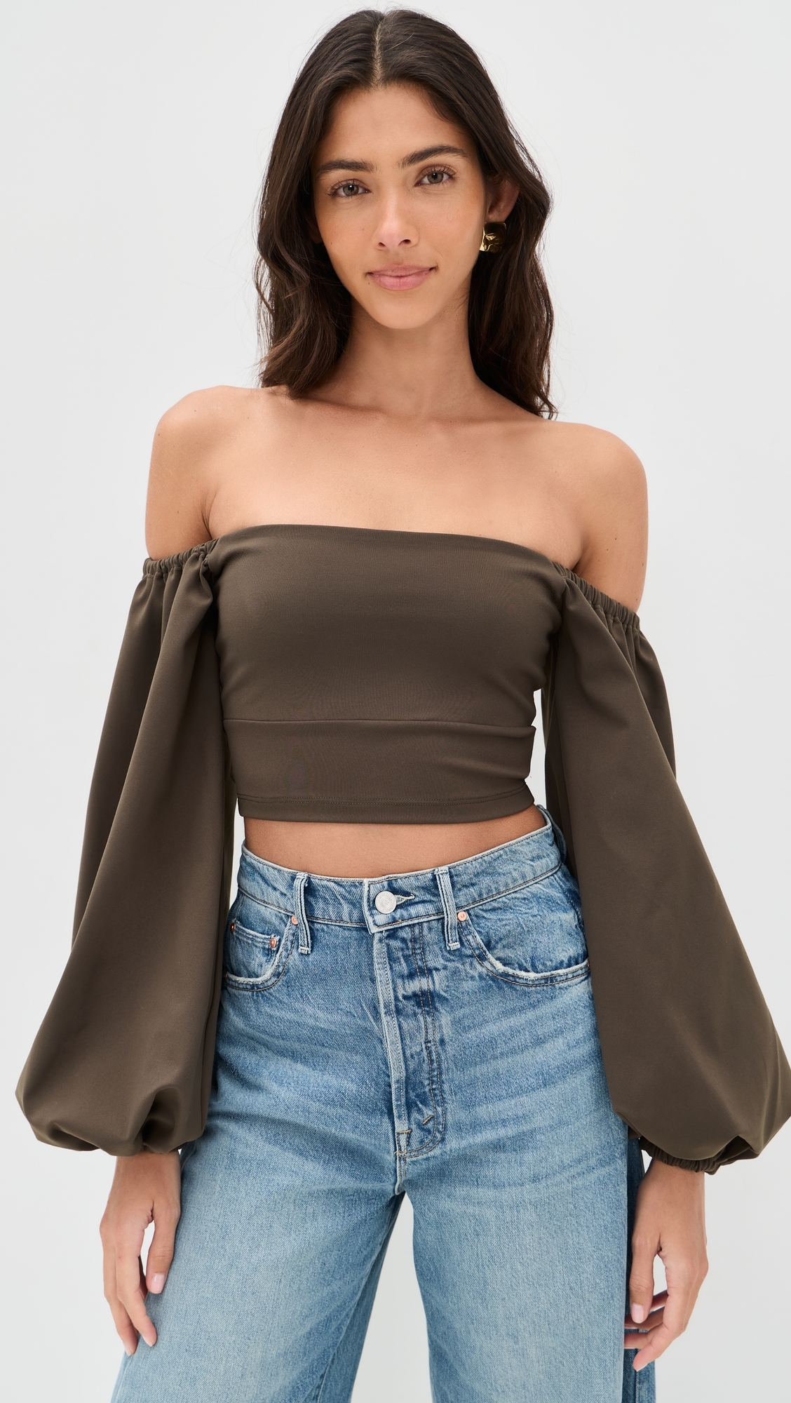 Off-Shoulder Puff Sleeve Top Turkish Coffee