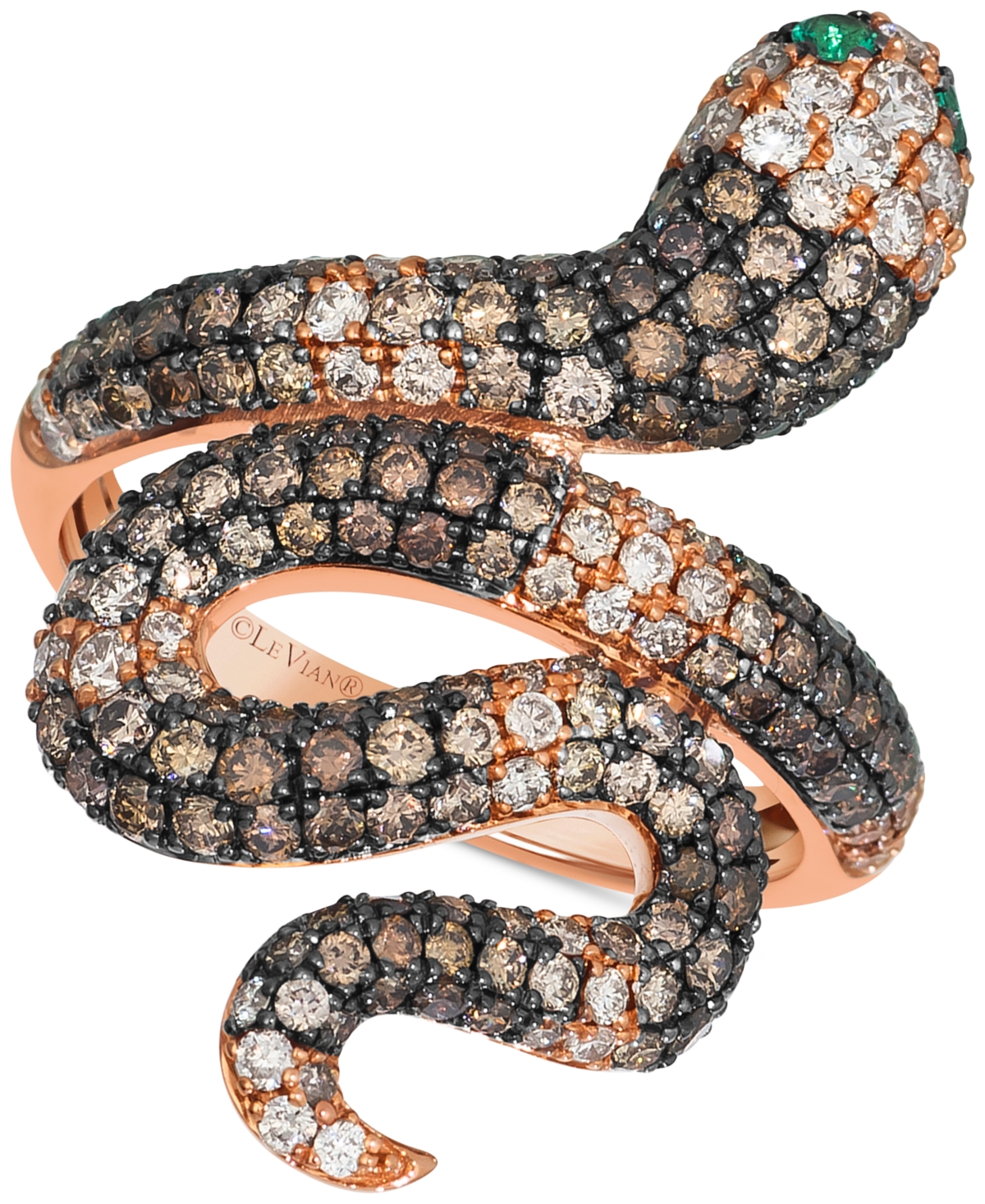 Ombre Chocolate Ombre Diamond (2 ct. t.w.) & Costa Smeralda Emeralds (1/20 ct. t.w.) Snake Ring in 14k Rose Gold - 14K Strawberry Gold Ring
