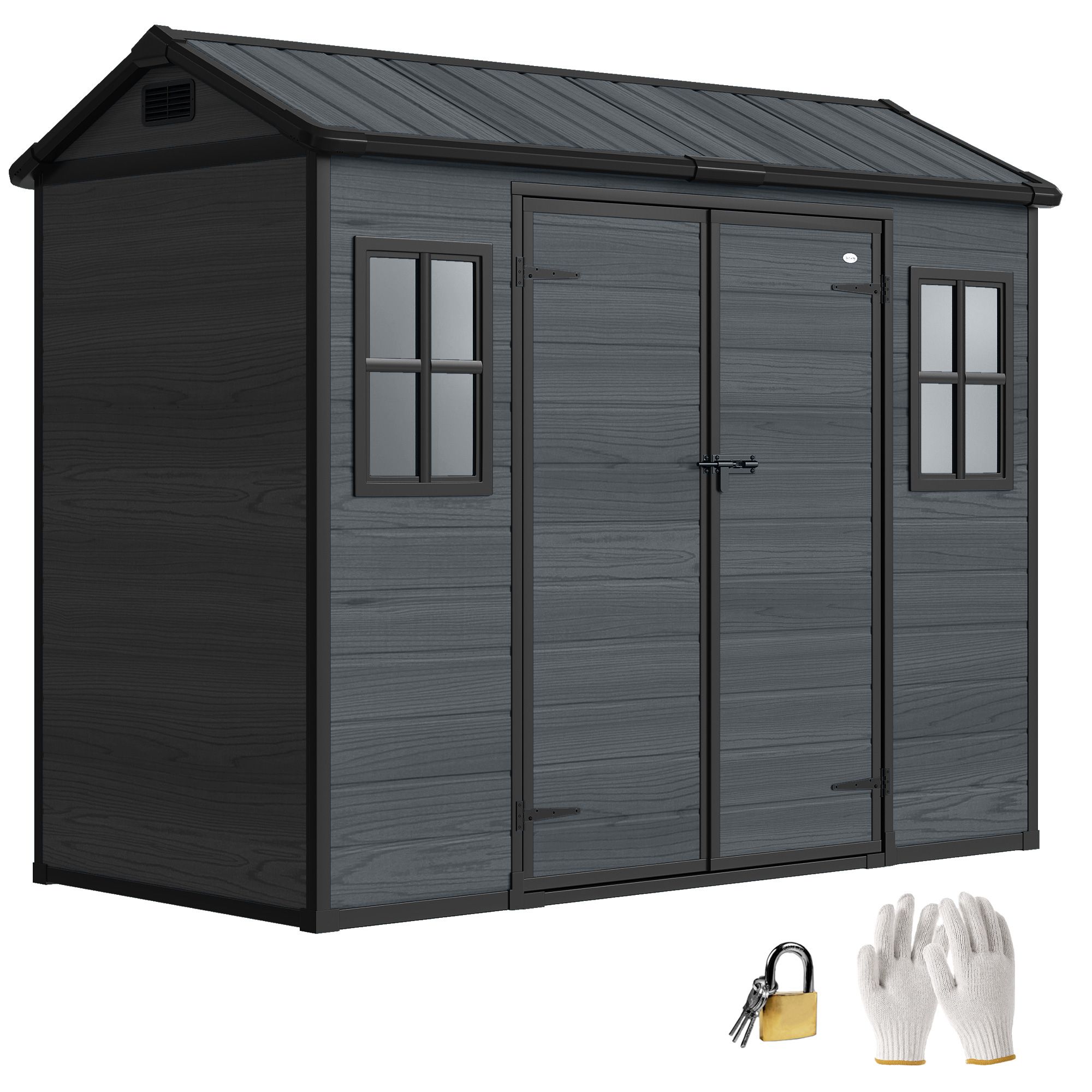 Outsunny 8 X Resin Garden Shed With Floor, Lockable Doors In Dark Grey