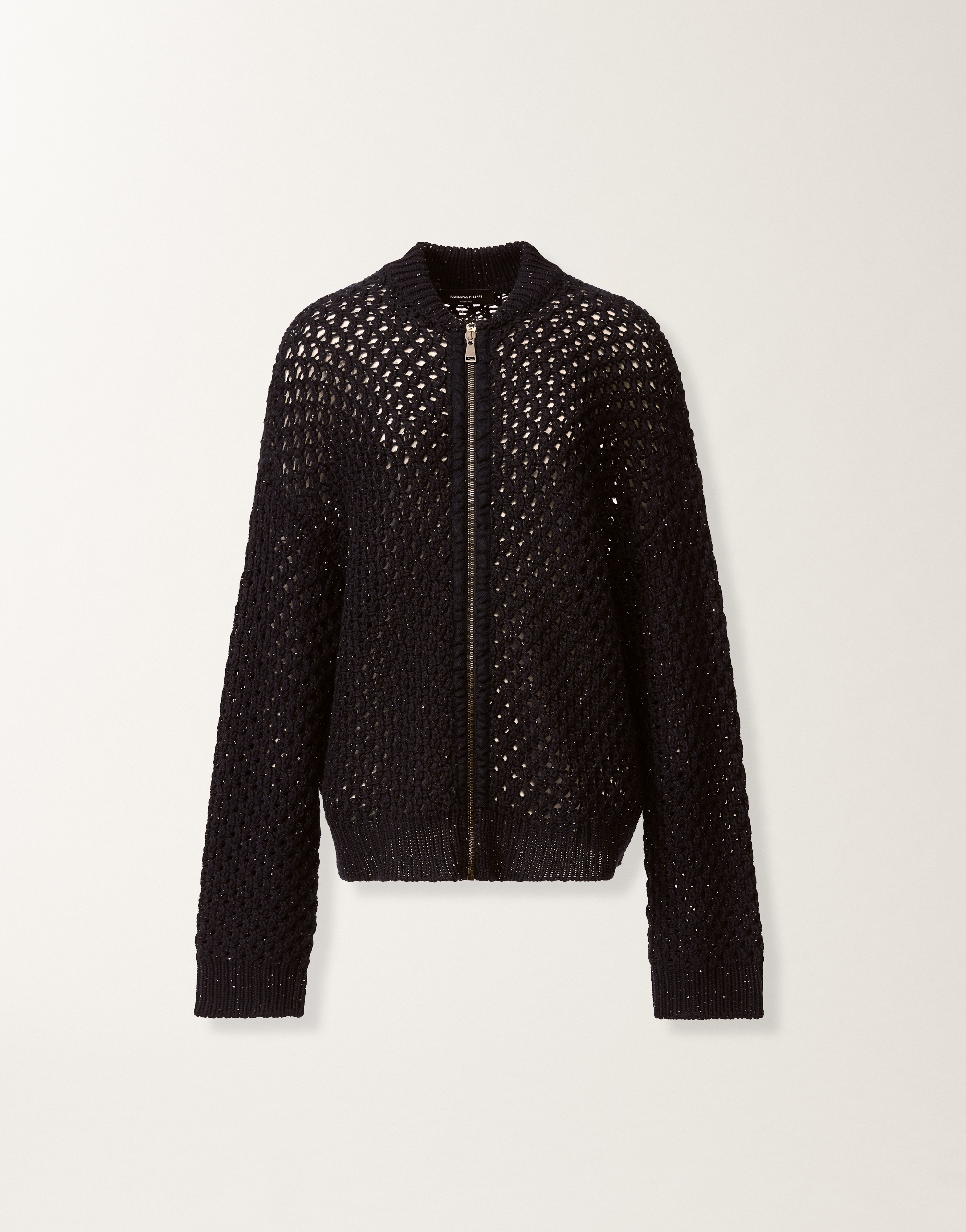 Bomber in platinum and micro sequins, midnight blue