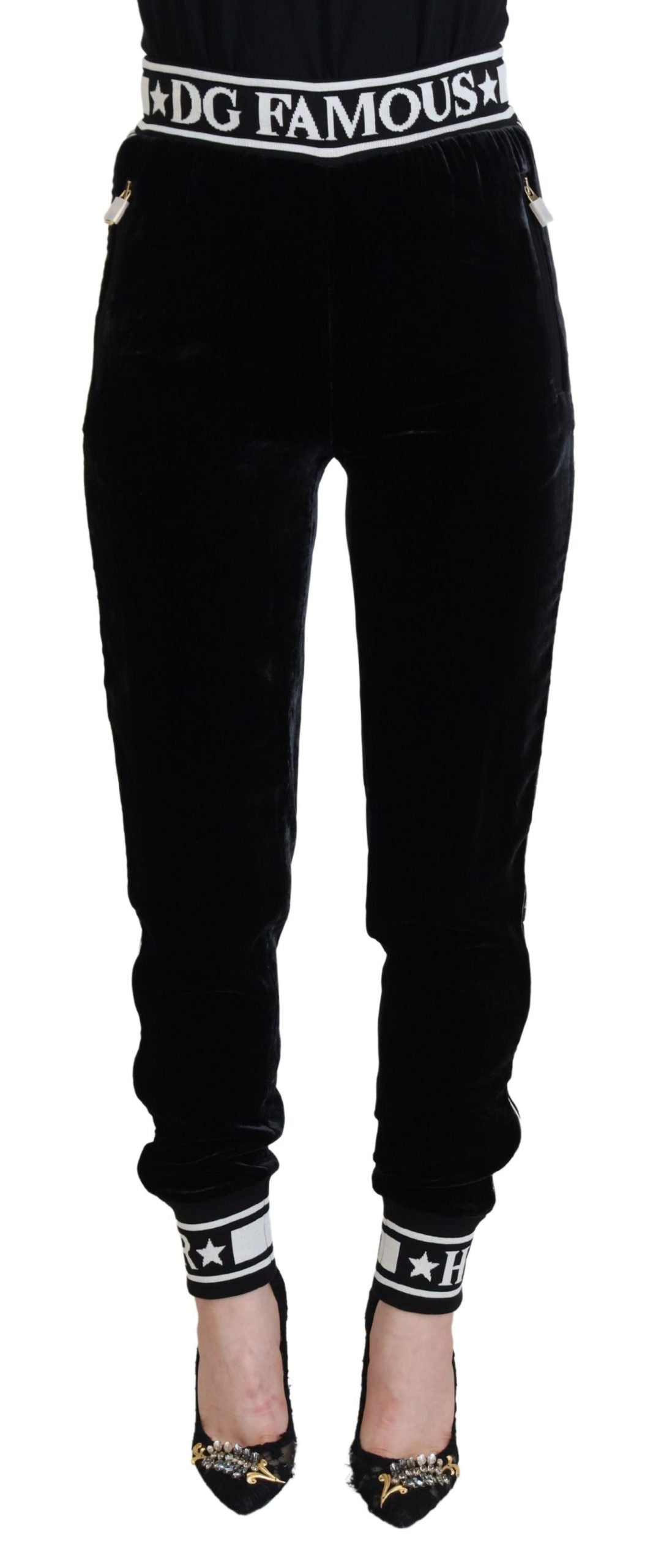 Logo-Embellished Velvet Trousers — Black