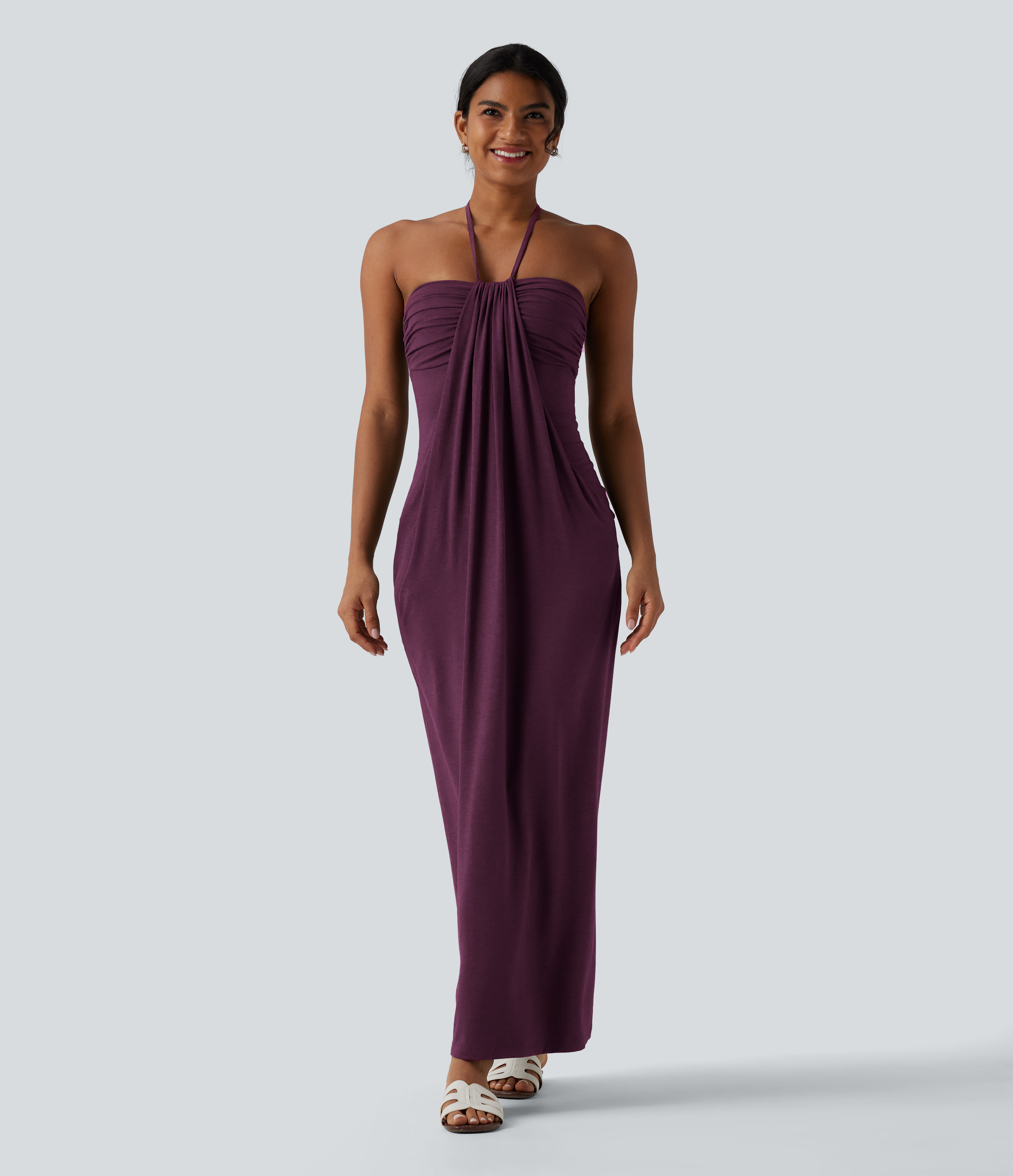 Halter Tie Back Maxi Dress with Pockets Casual Dress - Fig