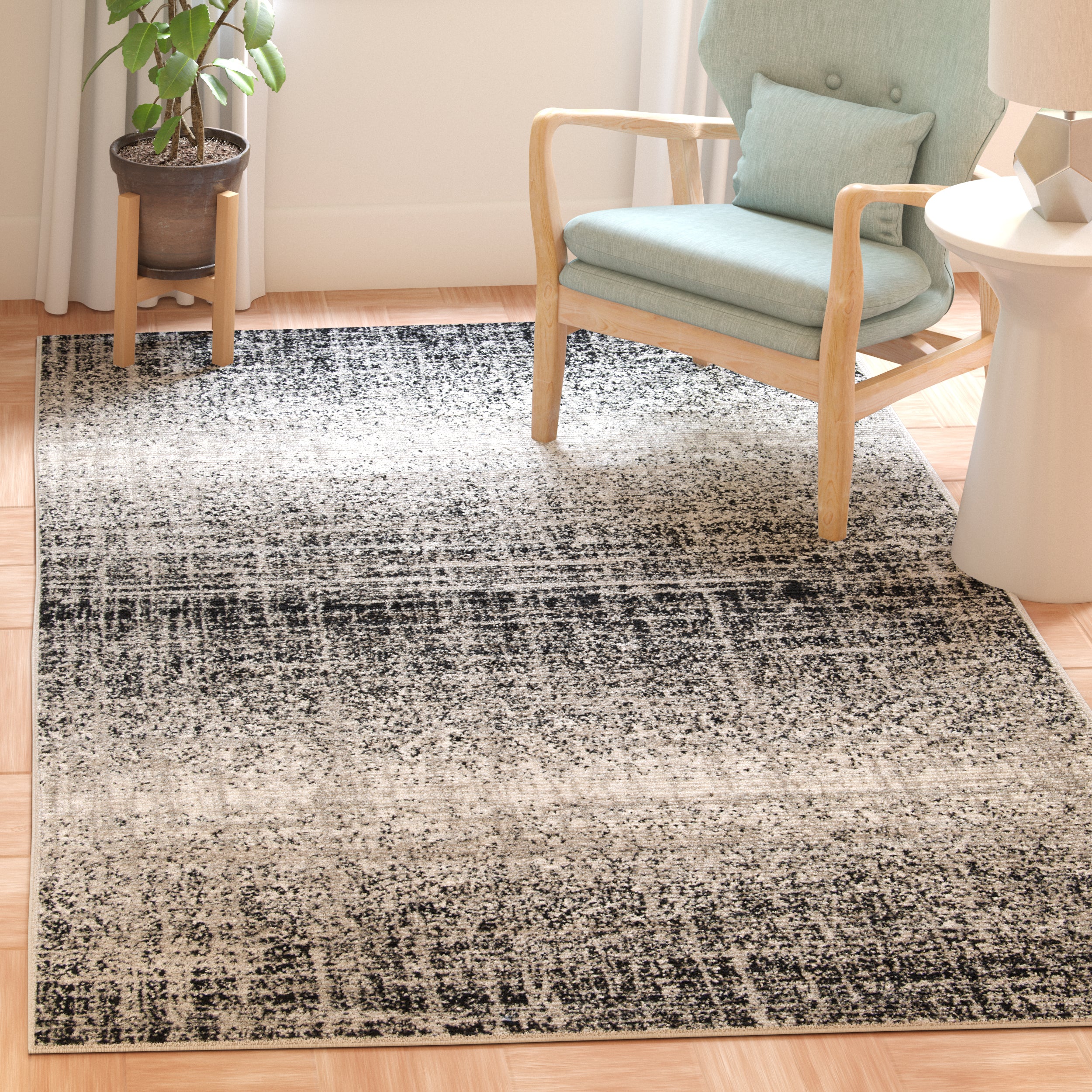 Adirondack Machine Made Area Rug, Silver / Black Contemporary Style Easy Care