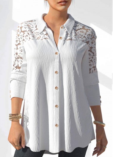 Modlily White Lace Stitching Button Detail Blouse