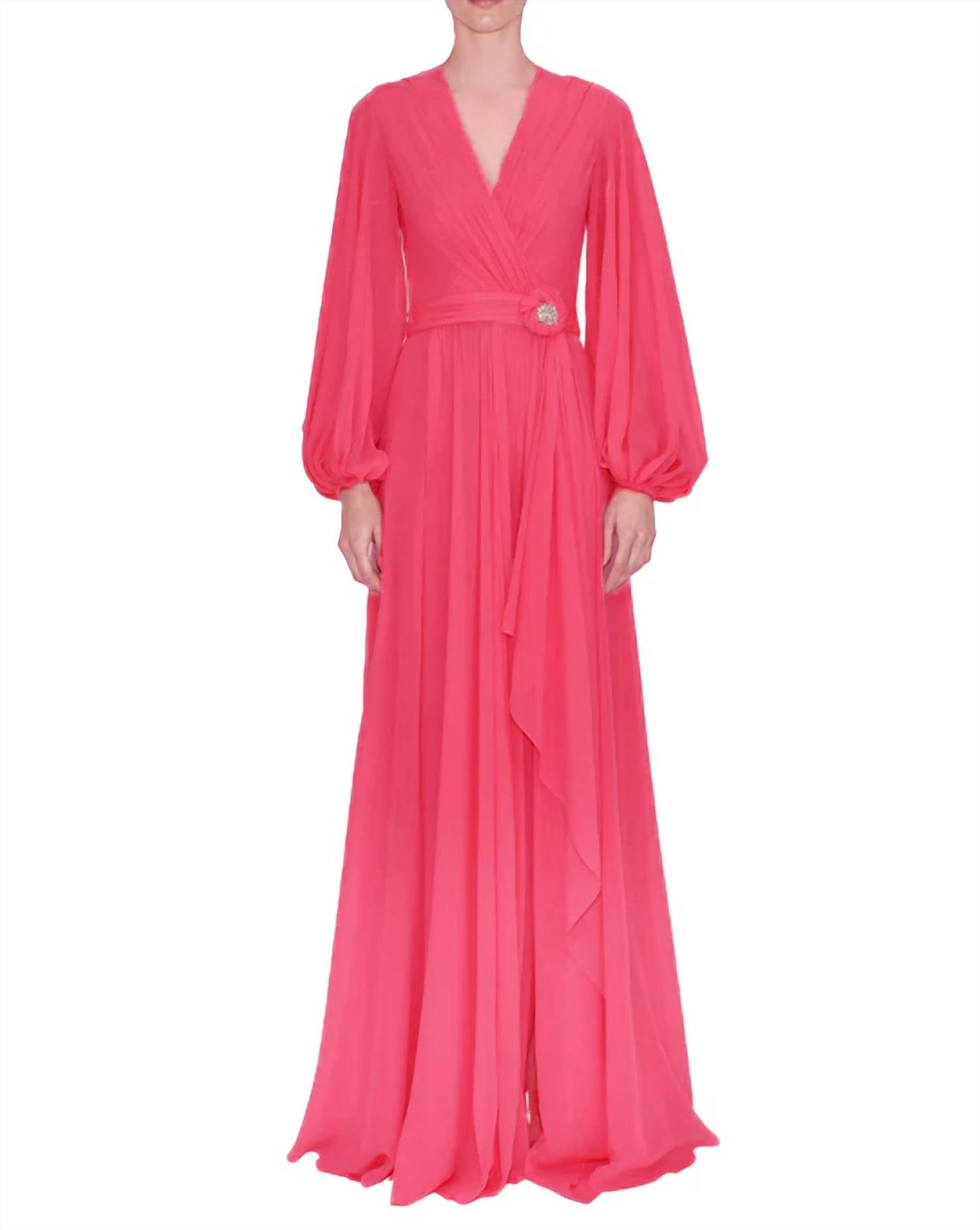 V-Neck Long Sleeve Gown In Fuschia