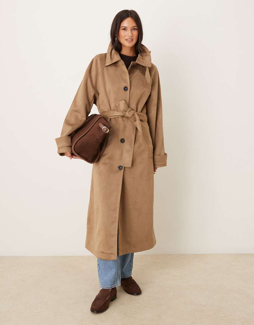 Faux suede funnel neck trench coat in stone-No colour