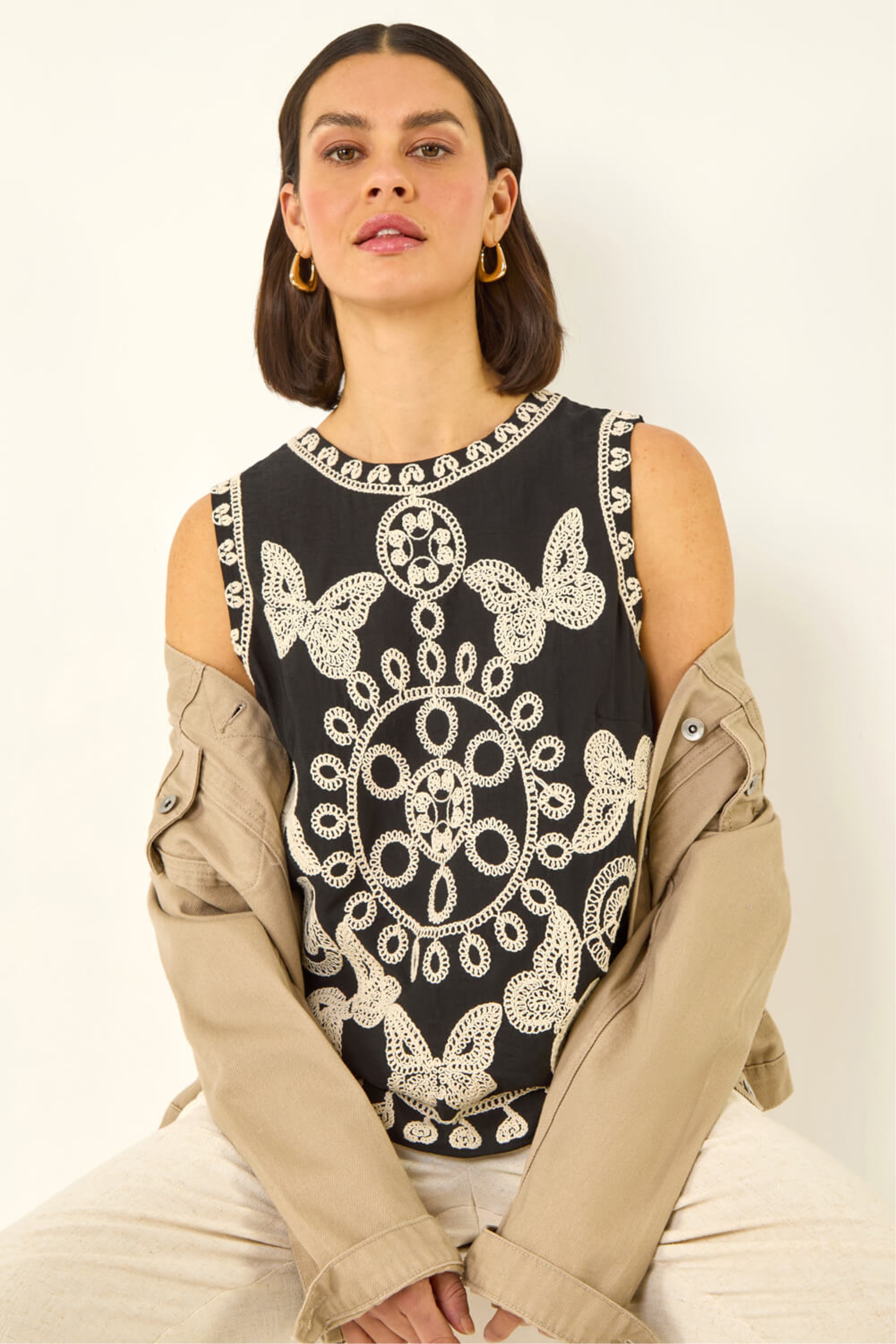 Roman Womens Butterfly Embroidered Vest Top - Black
