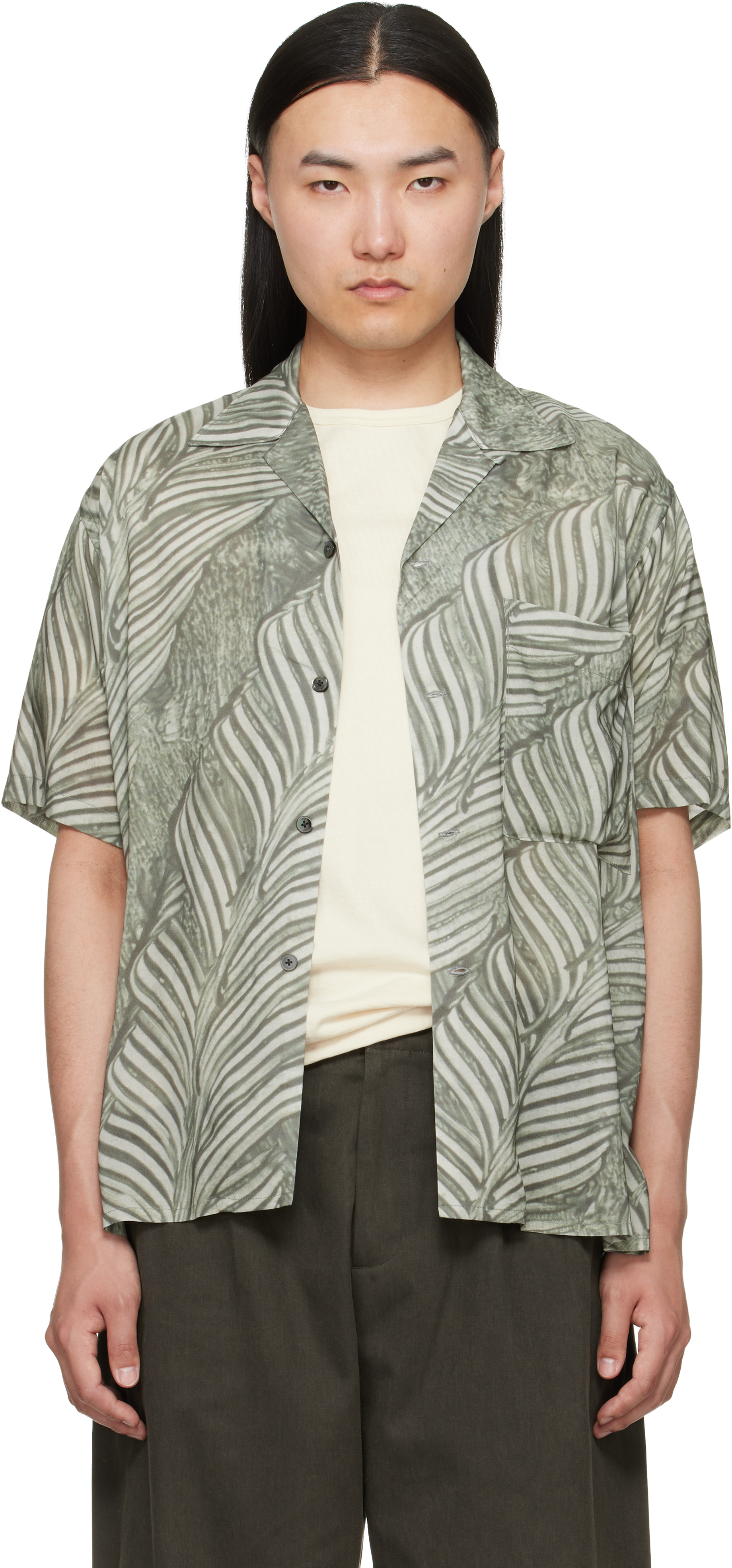 Green Leaf Pattern Printed Rayon Open Collar Shirt