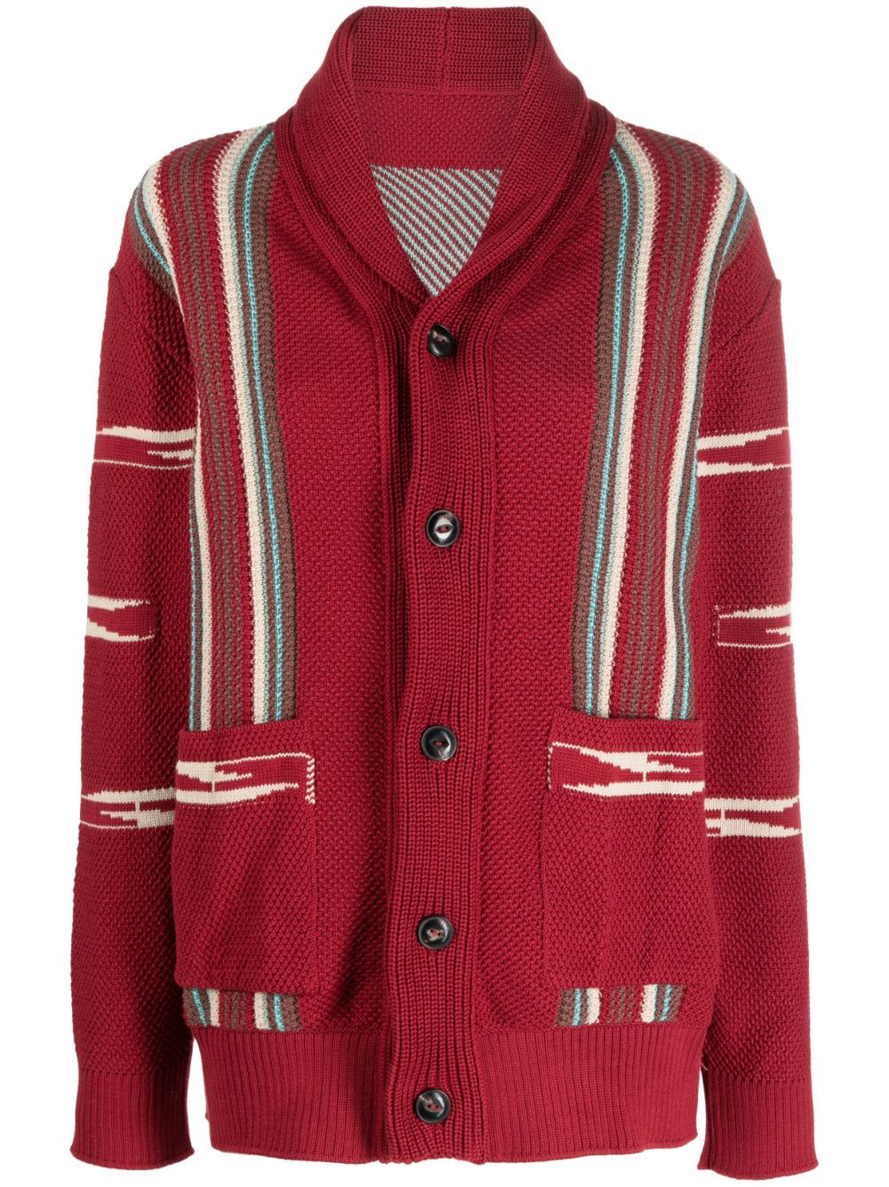 Stripe-detail long-sleeve knitted cardigan - Red
