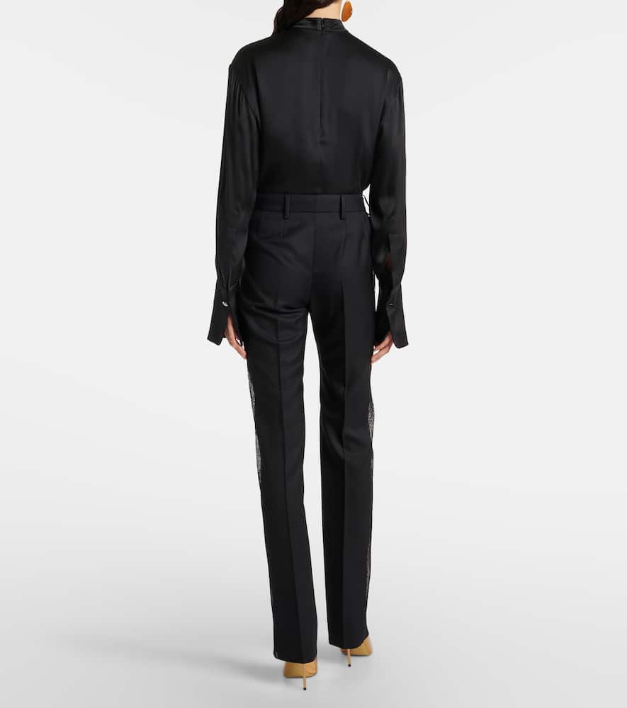 Lace-trimmed wool straight pants
