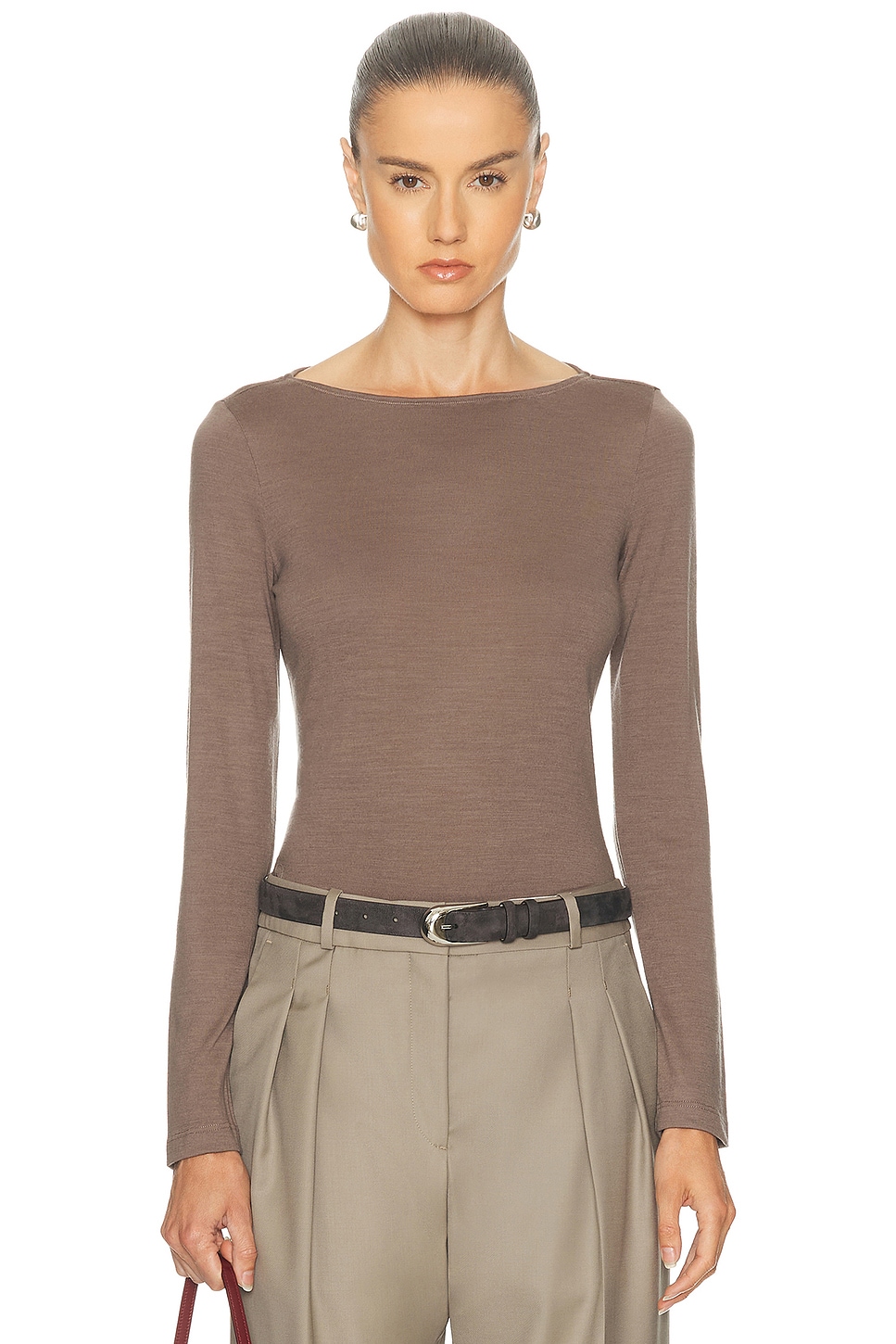 RENGGLI Long Sleeve Boatneck Tee in Chocolate - Brown. XS also in L, M