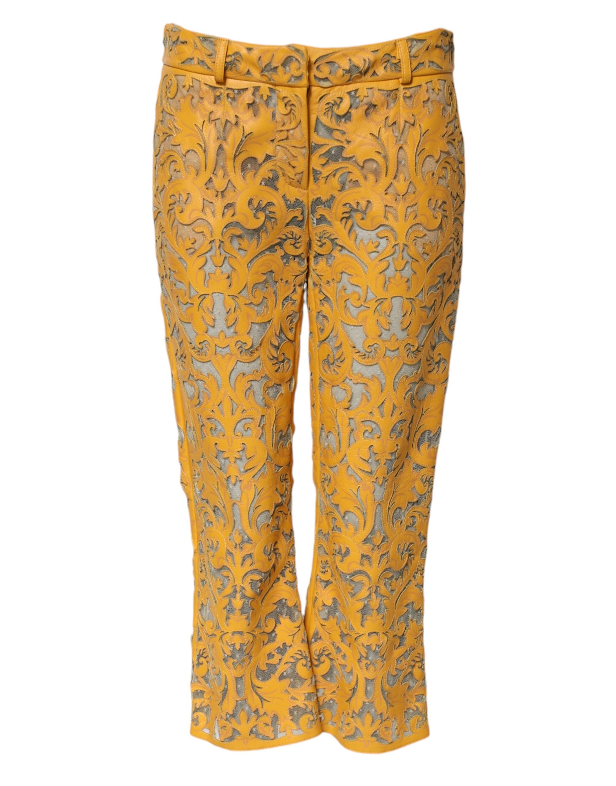Floral Lace Bull Leather Capri Pants — Yellow